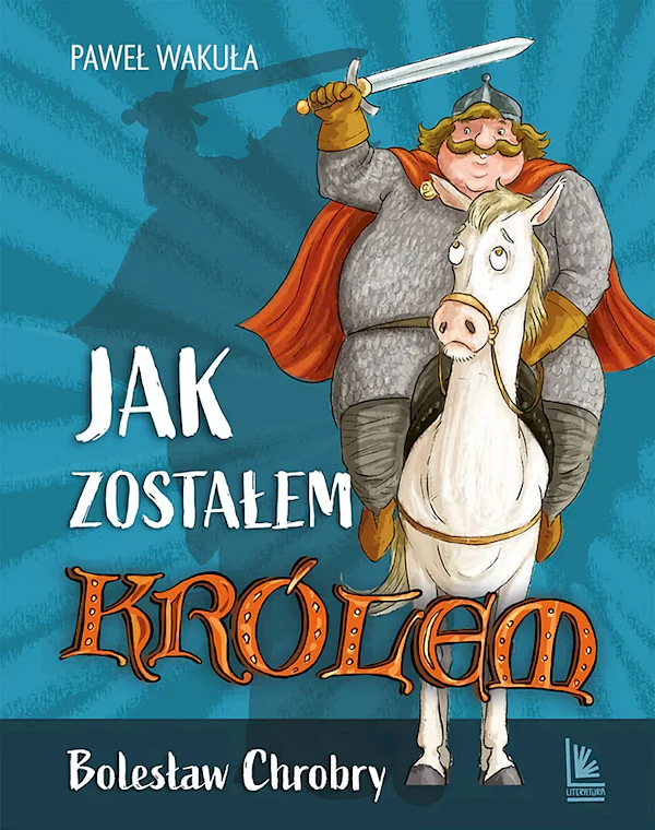 Narysowany tęgi, sumiasty rycerz z mieczem w dłoni siedzi na białym koniu.