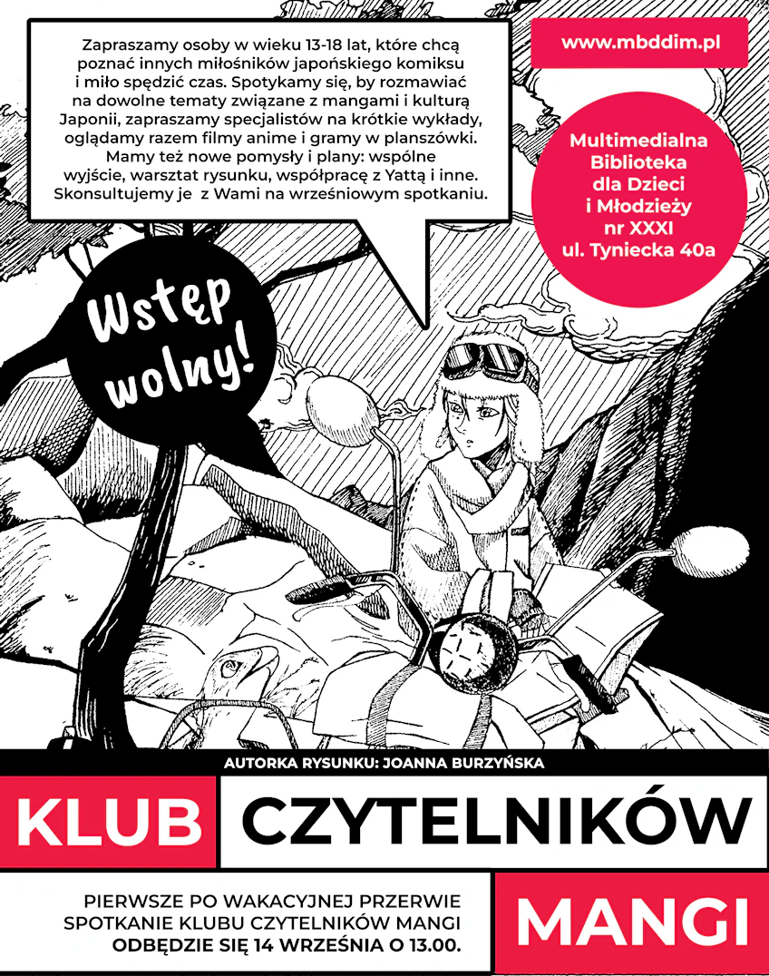Czarno-biały rysunek w stylu japońskiej mangi, na którym dziewczyna siedzi na skuterze.