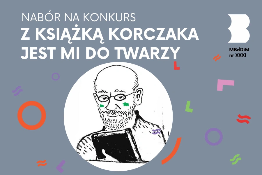 Rysunek łysego, brodatego mężczyzny w okularach, trzymającego w ręku książkę.