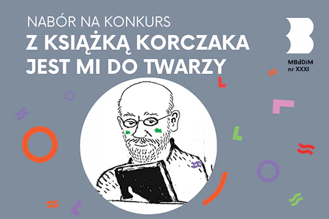 Rysunek łysego, brodatego mężczyzny w okularach, trzymającego w ręku książkę.