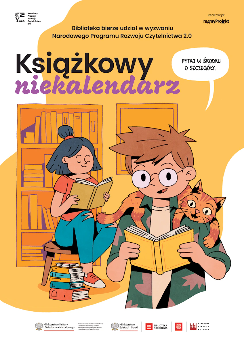 Rysunek dziewczyny, która siedząc, czyta książkę. Chłopak w okularach i kotem na ramionach również czyta, stojąc. W tle regał z książkami.
