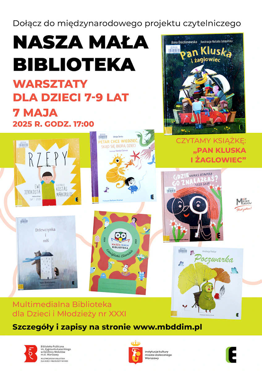 Siedem okładek książek zdobi plakat naszej małej biblioteki.