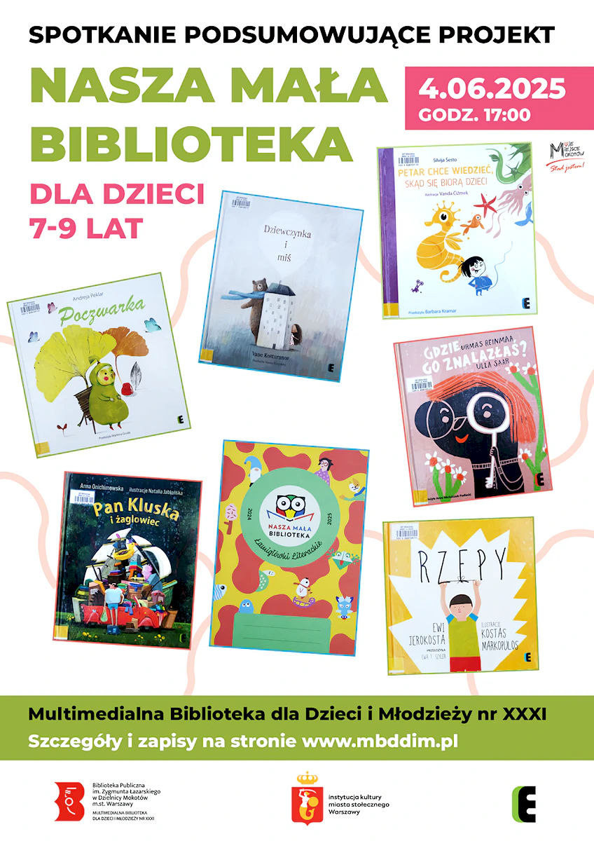 Siedem okładek książek zdobi plakat naszej małej biblioteki.