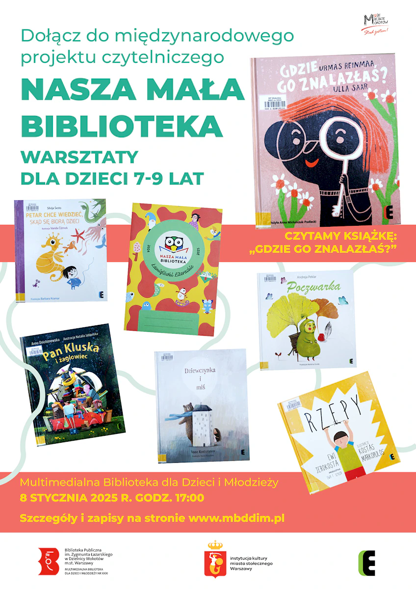 Siedem okładek książek zdobi plakat naszej małej biblioteki.