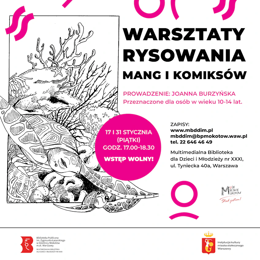 Czarno-biały rysunek żółwi pływających pośród rafy koralowej.