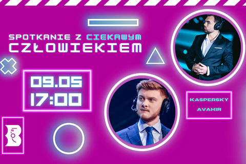 Grafika w fioletowej tonacji. Po prawej zdjęcia dwóch młodych mężczyzn z delikatnym zarostem i słuchawkami z mikrofonem na uszach. Do tego tekst: spotkanie z ciekawym człowiekiem; kasperki, avahir; 9 maja, 17:00.