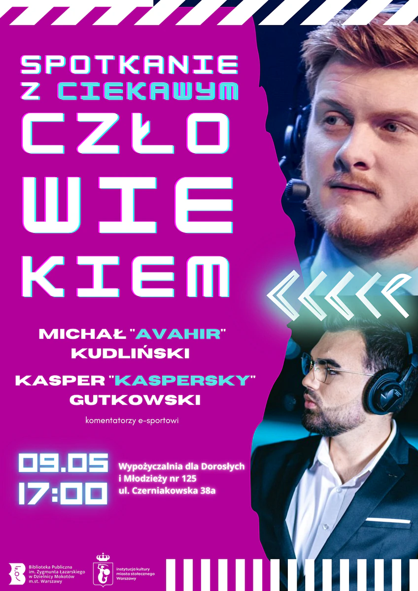 Plakat w fioletowej tonacji. Po prawej zdjęcia dwóch młodych mężczyzn z delikatnym zarostem i słuchawkami z mikrofonem na uszach. Do tego tekst zawarty artykule.