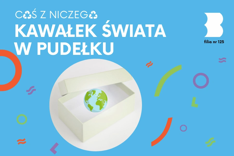 Otwarte białe pudełko po butach, a w nim rysunek zielono-niebieskiej kuli ziemskiej.