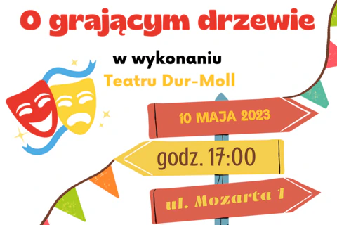 Na białym tle w różnych miejscach są narysowane dwie maski teatralne, drogowskazy i linki z przypiętymi kolorowymi trójkątnymi skrawkami materiału. Do tego tekst: o grającym drzewie w wykonaniu teatru dur moll; 10 maja 2023; godzina 17:00; ulica Mozarta 1.