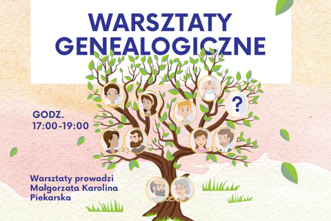 Na biały tle narysowane jest drzewo genealogiczne, czyli drzewo z kilkoma na krzyż liśćmi i kilkoma portretami przykładowej rodziny od dziadków po wnuczęta.