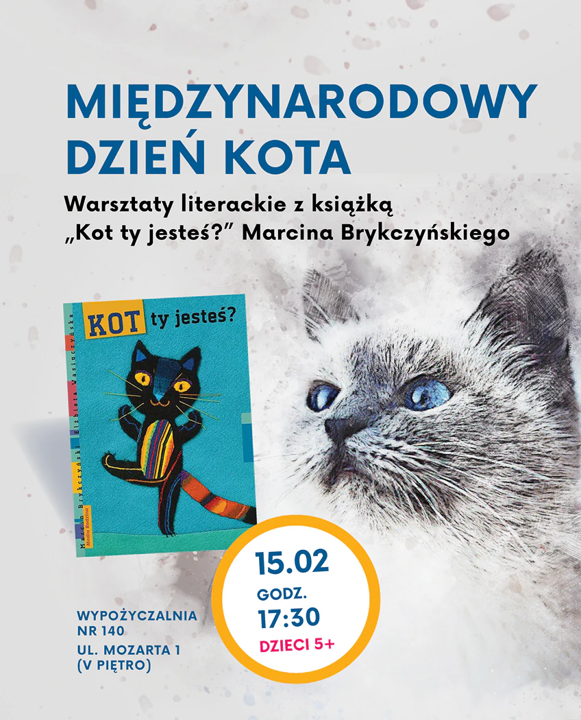 Urocze zdjęcie kota z prawej i z lewej rysunek kota na okładce książki.