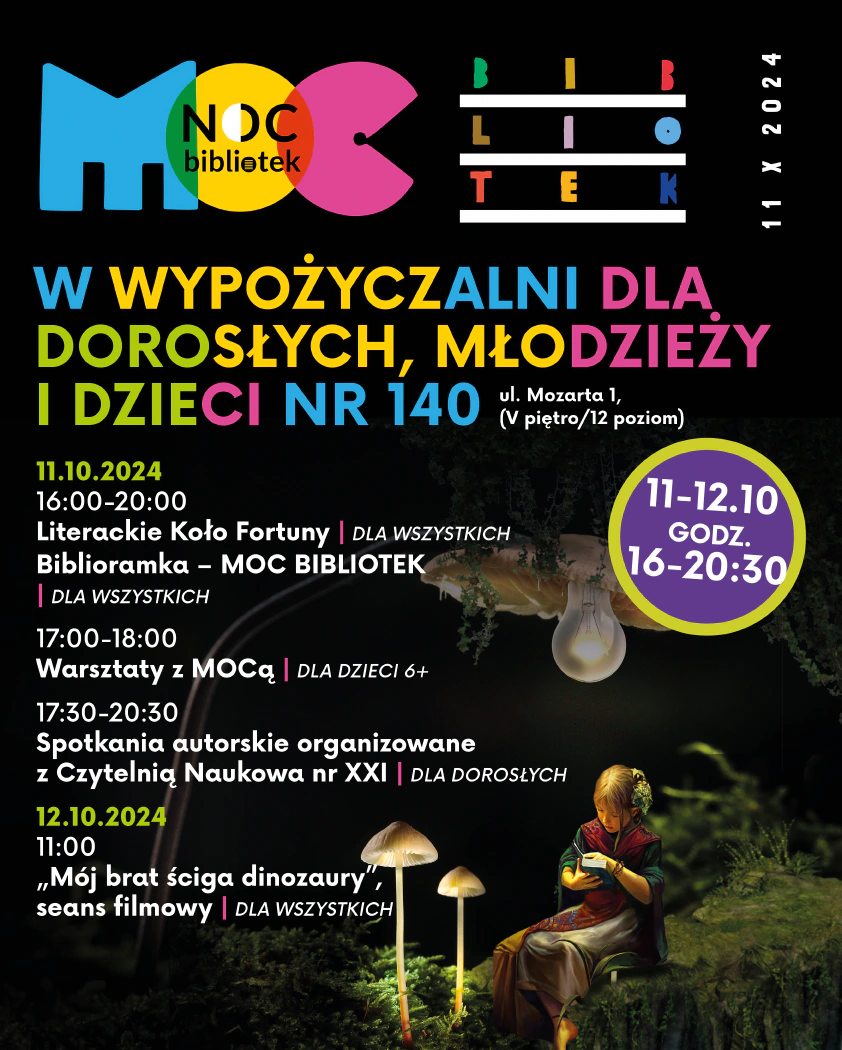 Dziewczynka czyta książkę obok dwóch dużych grzybów i zielonych krzaków. Z góry scenę oświetla żarówka w kloszu wyglądającym jak kapelusz grzyba.