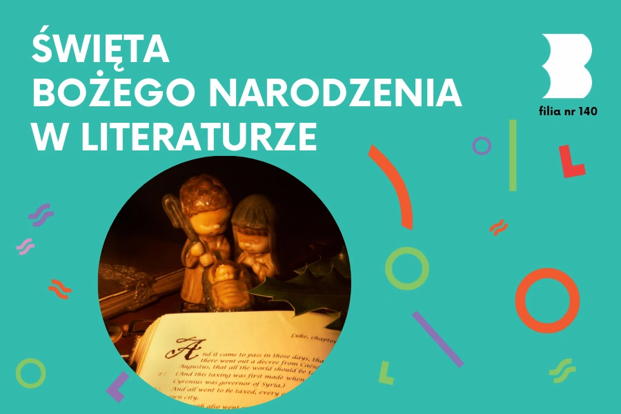Dopiero co narodzony drewniany Jezusek i jego rodzice otoczone są książkami.