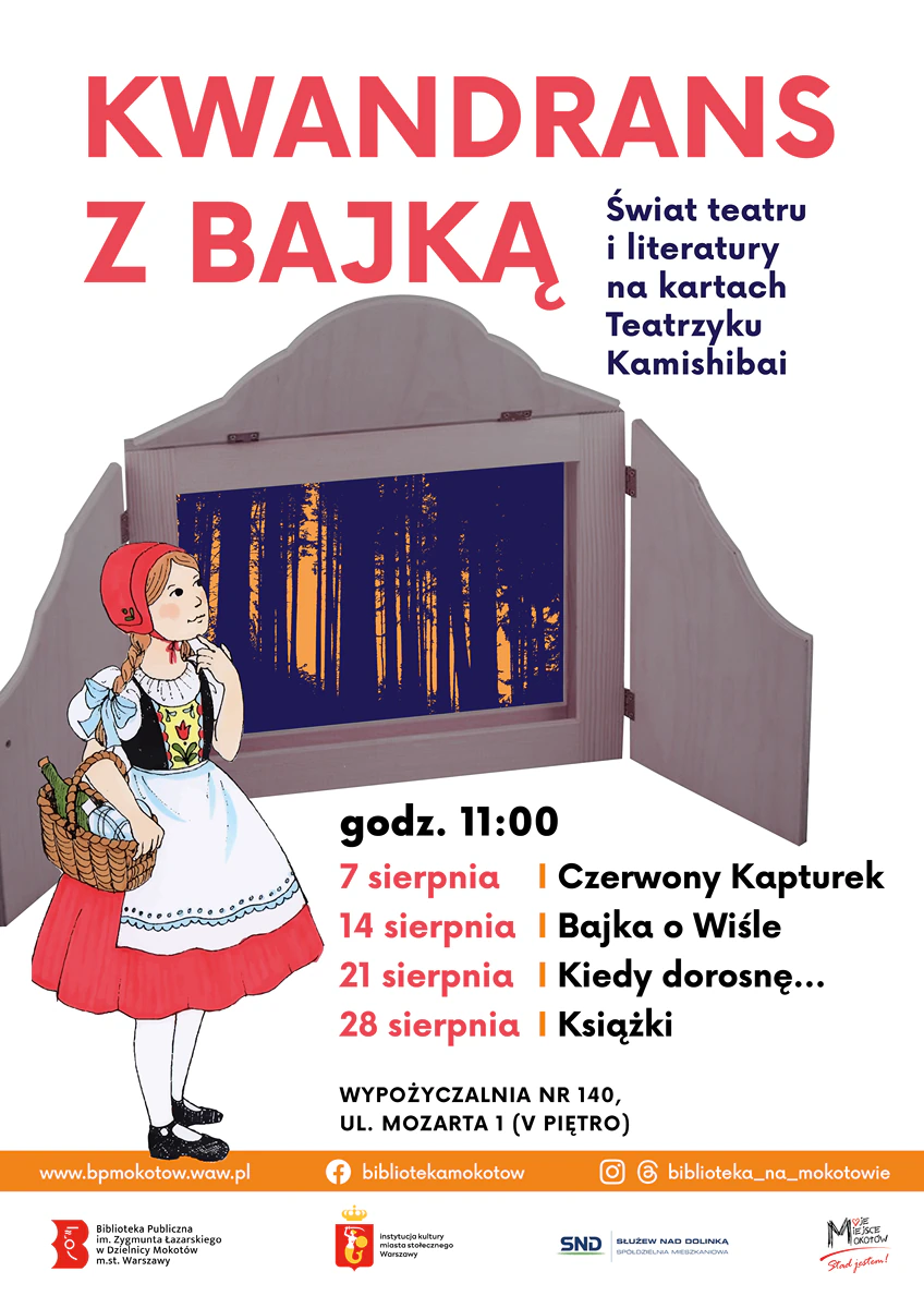 Narysowany Czerwony Kapturek obok zdjęcia drewnianej ramki teatrzyka kamishibai.