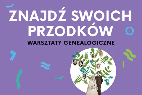 Rozrzucone stare zdjęcia portretowe różnych osób na gałęziach zielonej rośliny. Na dole rośliny zdjęcie młodej pary w ślubnym stroju.