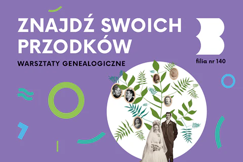 Rozrzucone stare zdjęcia portretowe różnych osób na gałęziach zielonej rośliny. Na dole rośliny zdjęcie młodej pary w ślubnym stroju.