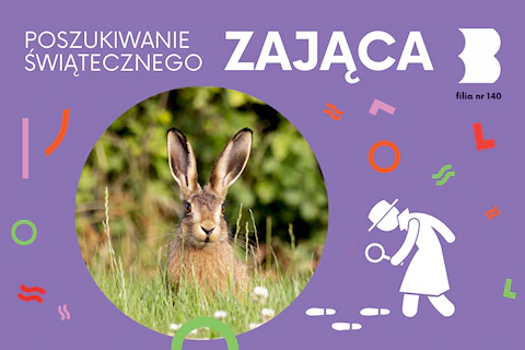 Zdjęcie szarego królika pośród traw, na którego tropie jest rysunkowy detektyw.