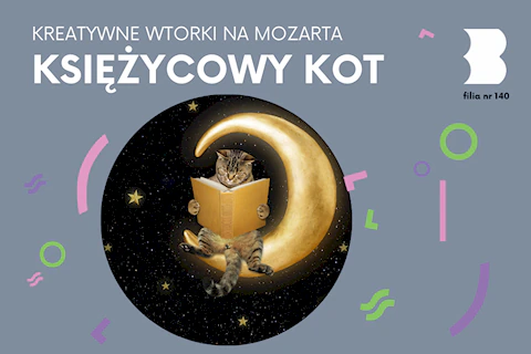 Na tle gwieździstego nieba pręgowany kot siedzi na złotym księżycowym rogaliku i czyta książkę w złotej oprawie.
