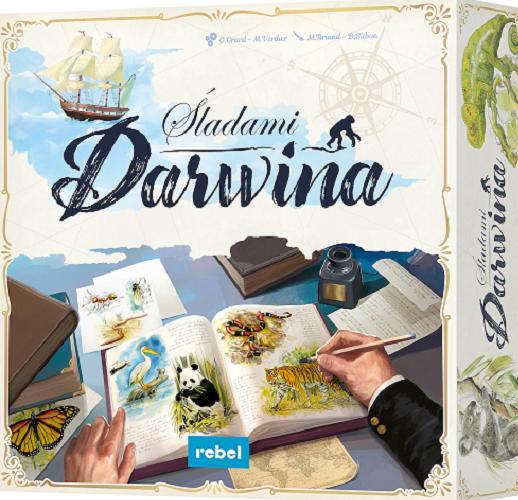 Okładka książki Śladami Darwina / [Gra edukacyjna] autorzy: Grégory Grard, Matthieu Verdier ; ilustratorzy: Maud Briand, David Sitbon.