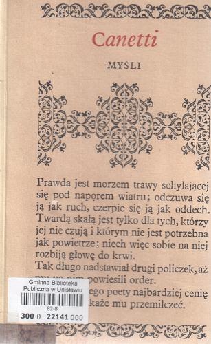 Okładka książki Myśli / Elias Canetti ; aut. wyb., tł., Janusz Danecki.