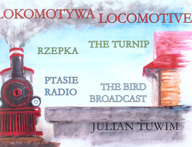 Okładka książki Lokomotywa = Locomotive / Julian Tuwim ; il. Łukasz Zagrodzki, Anna Łazowska, Marta Gruchała].